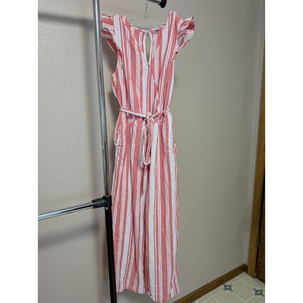 Old Navy Womens Sz L Linen Blend Jumpsuit Lined 2 Pocket Belted Stripe CapSleeve